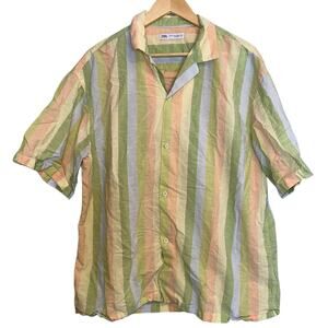 Zara Striped Camp Shirt Pastel Button Up Short‎ Sleeve Casual Top XL